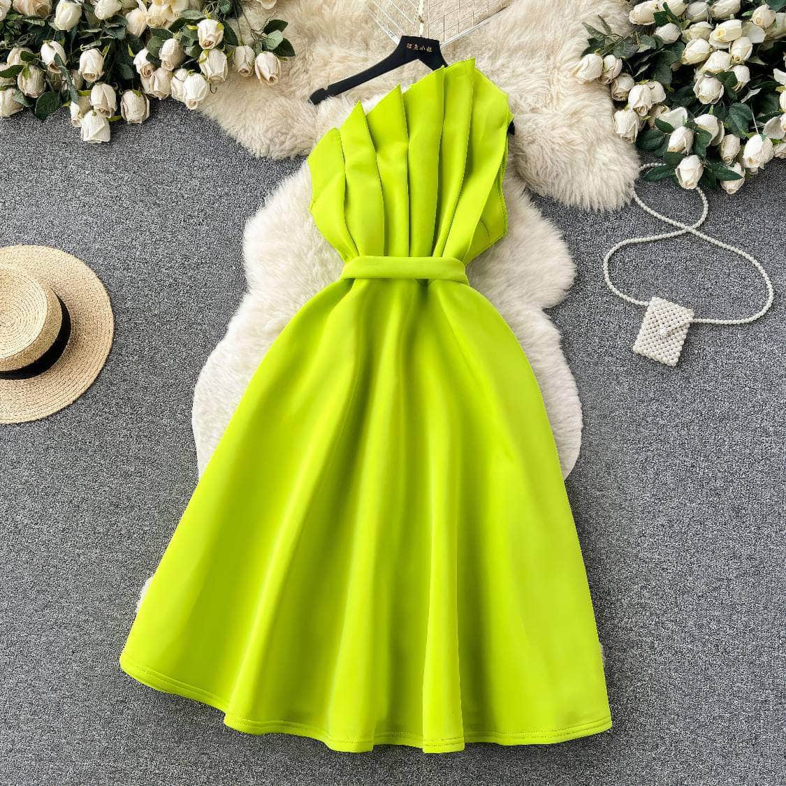 Pleated Asymmetric Flare Scuba Dress