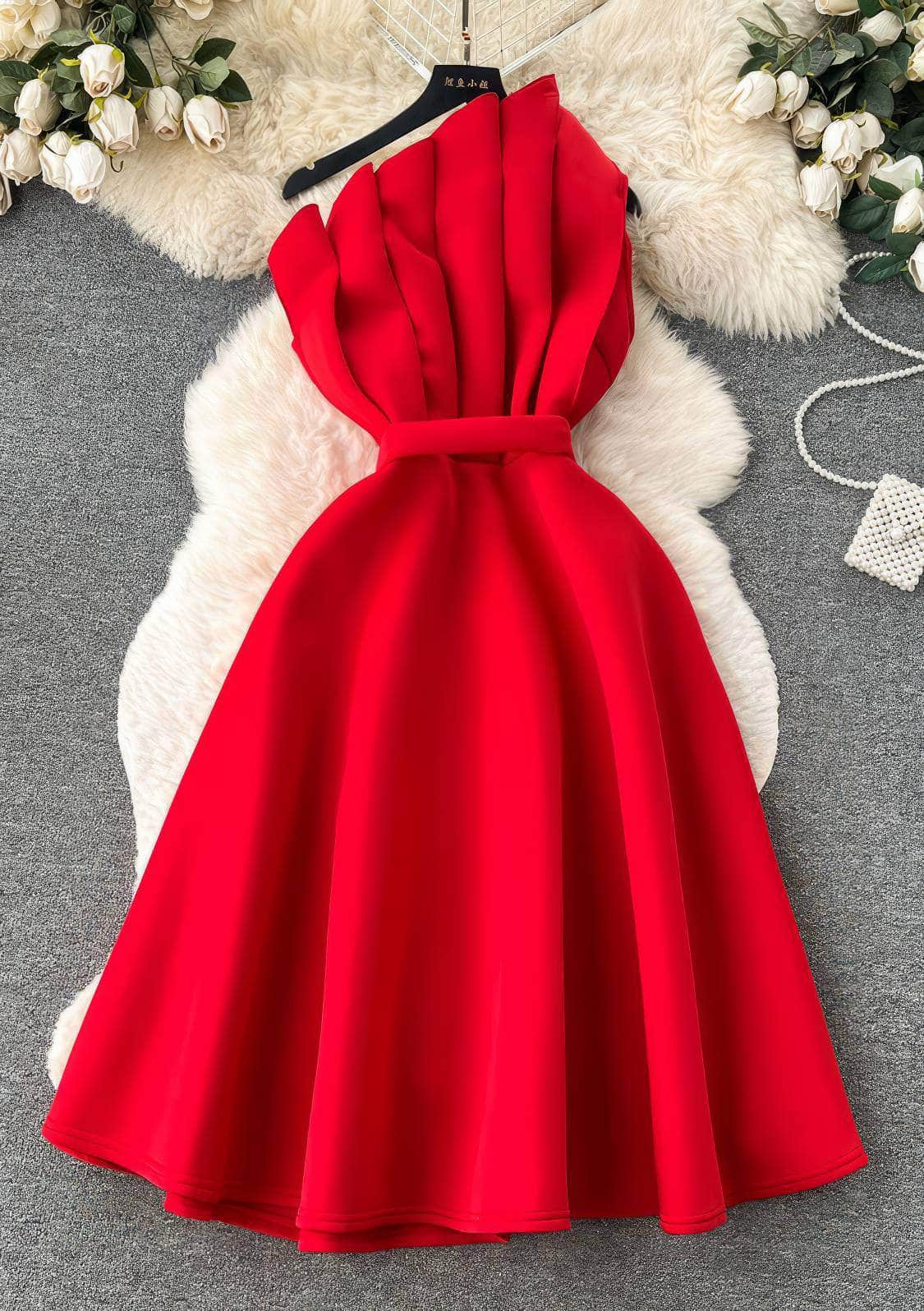 Pleated Asymmetric Flare Scuba Dress S / Red