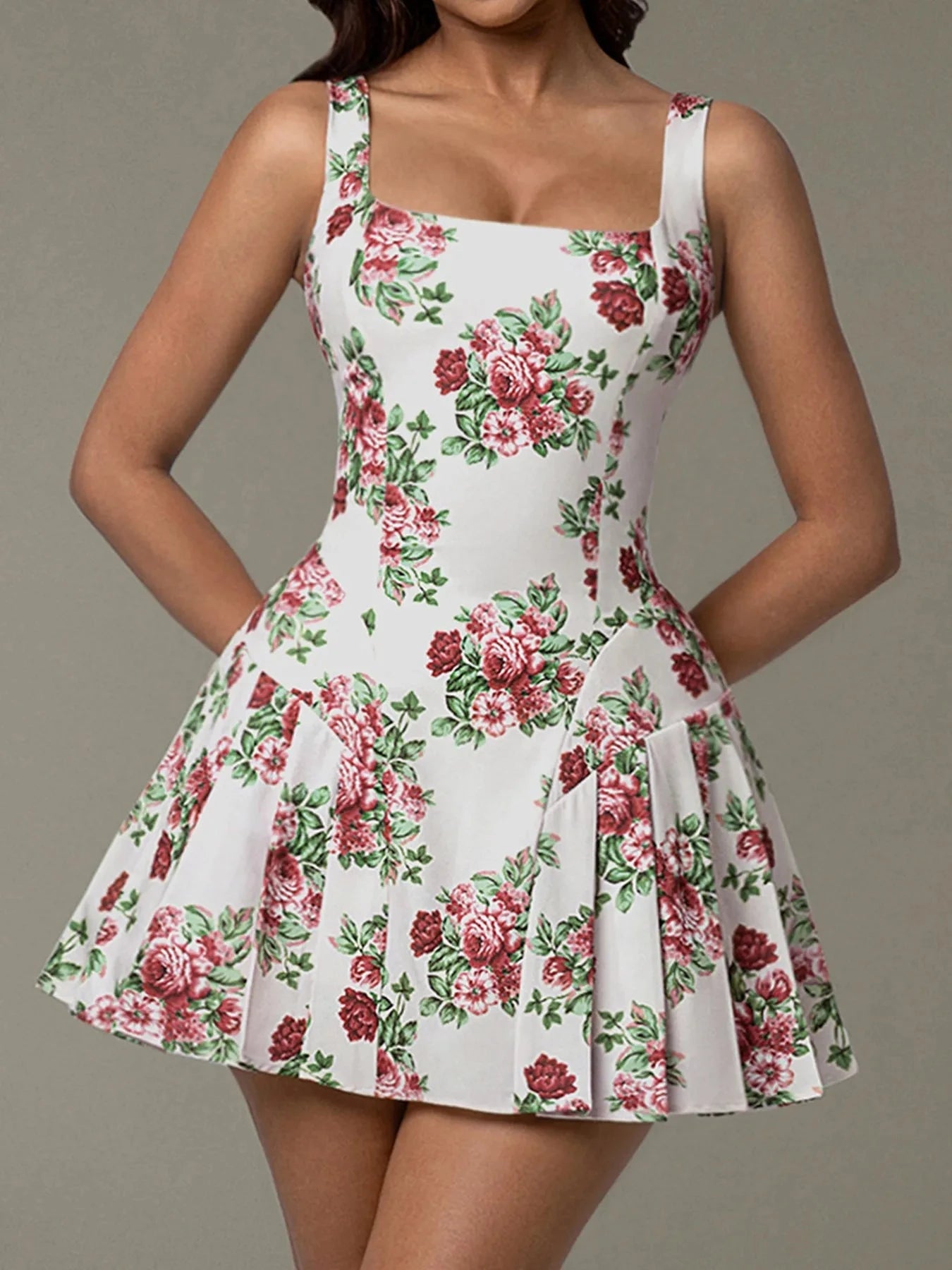 Pleated Floral Print Square Neck Mini Dress