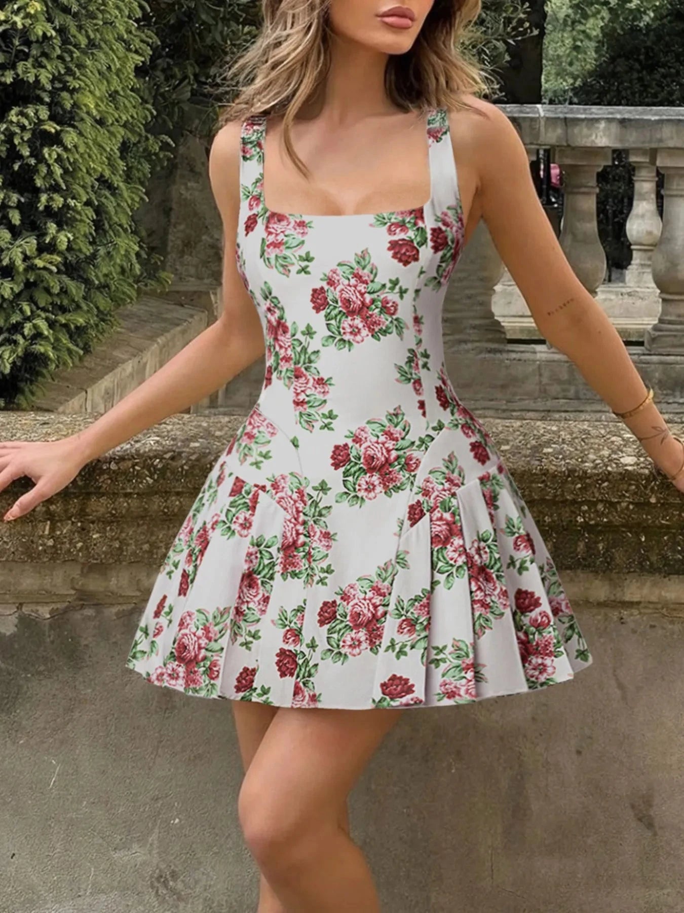Pleated Floral Print Square Neck Mini Dress