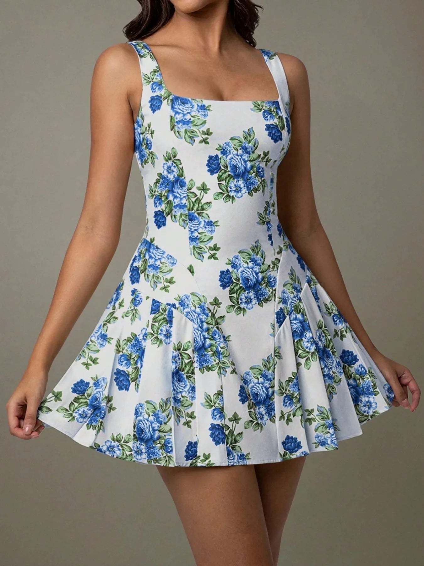 Pleated Floral Print Square Neck Mini Dress
