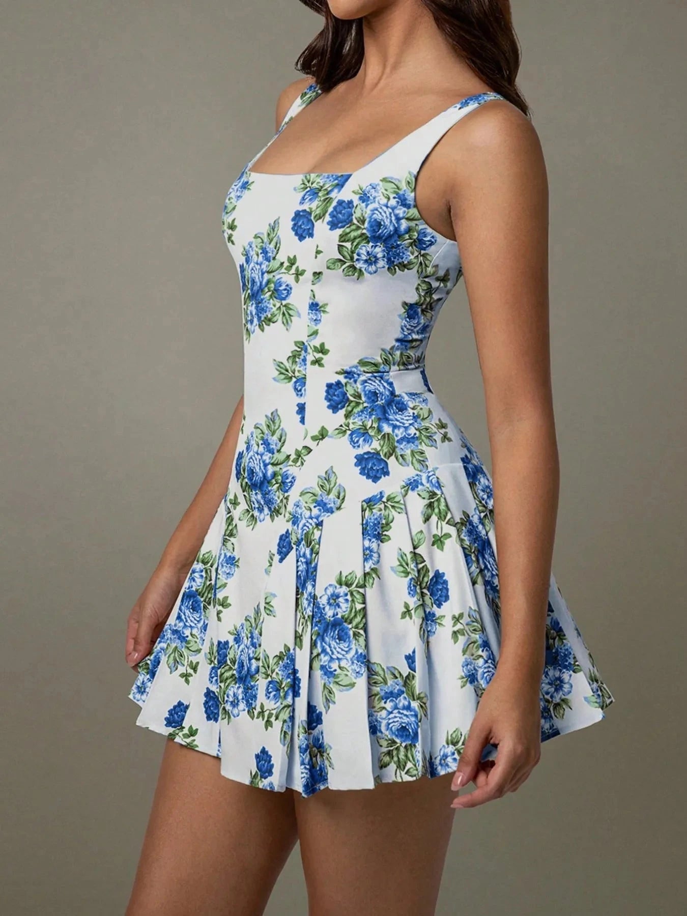 Pleated Floral Print Square Neck Mini Dress Blue / S
