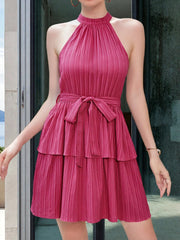 Pleated Halter Neck Layered Mini Dress