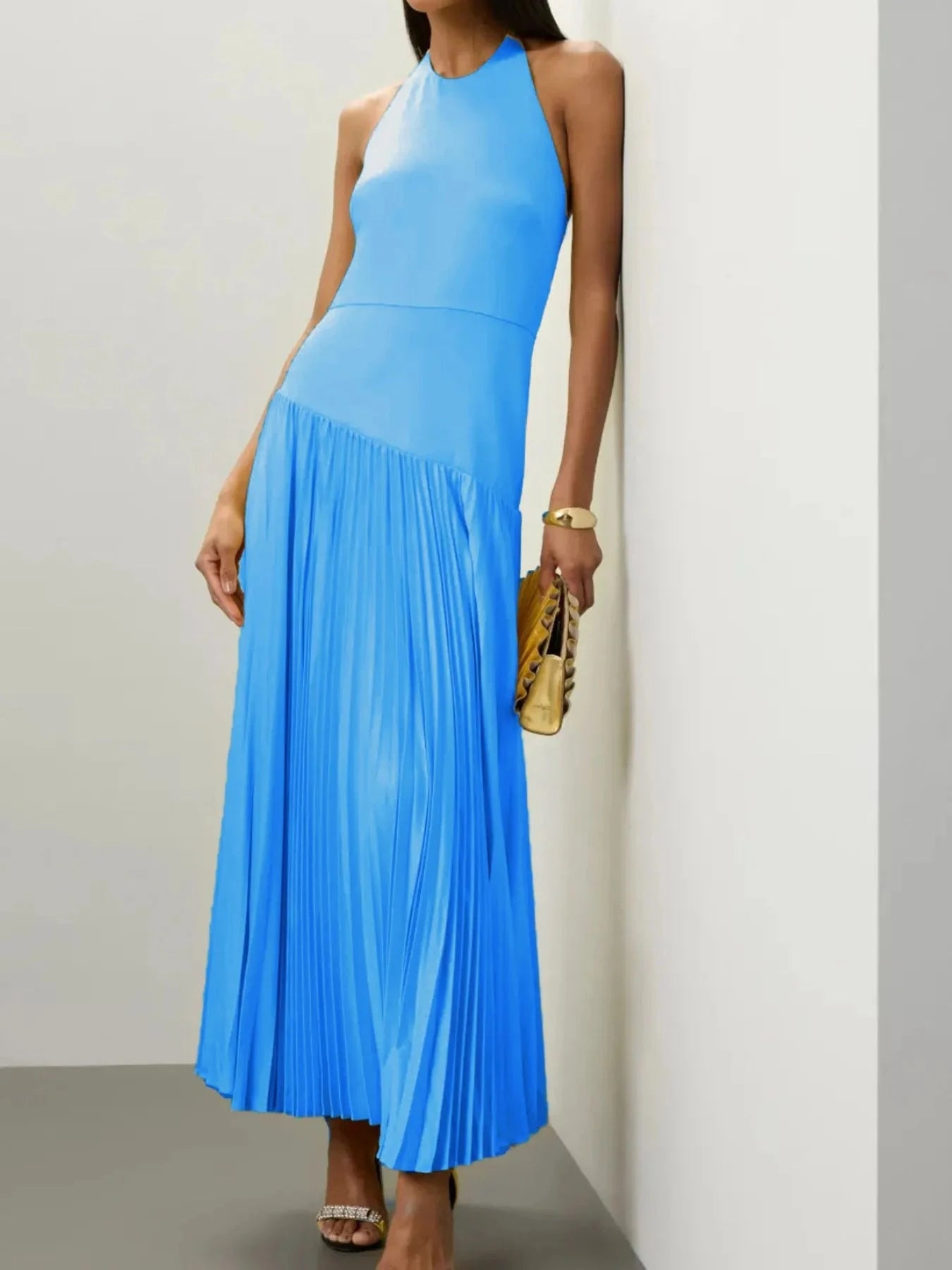 Pleated Halter Neck Maxi Dress Sky Blue / S