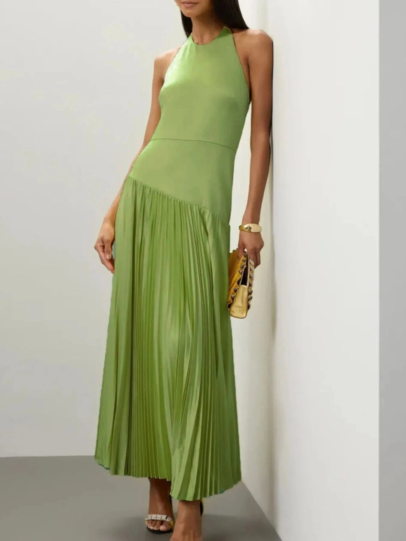 Pleated Halter Neck Maxi Dress Yellow / S