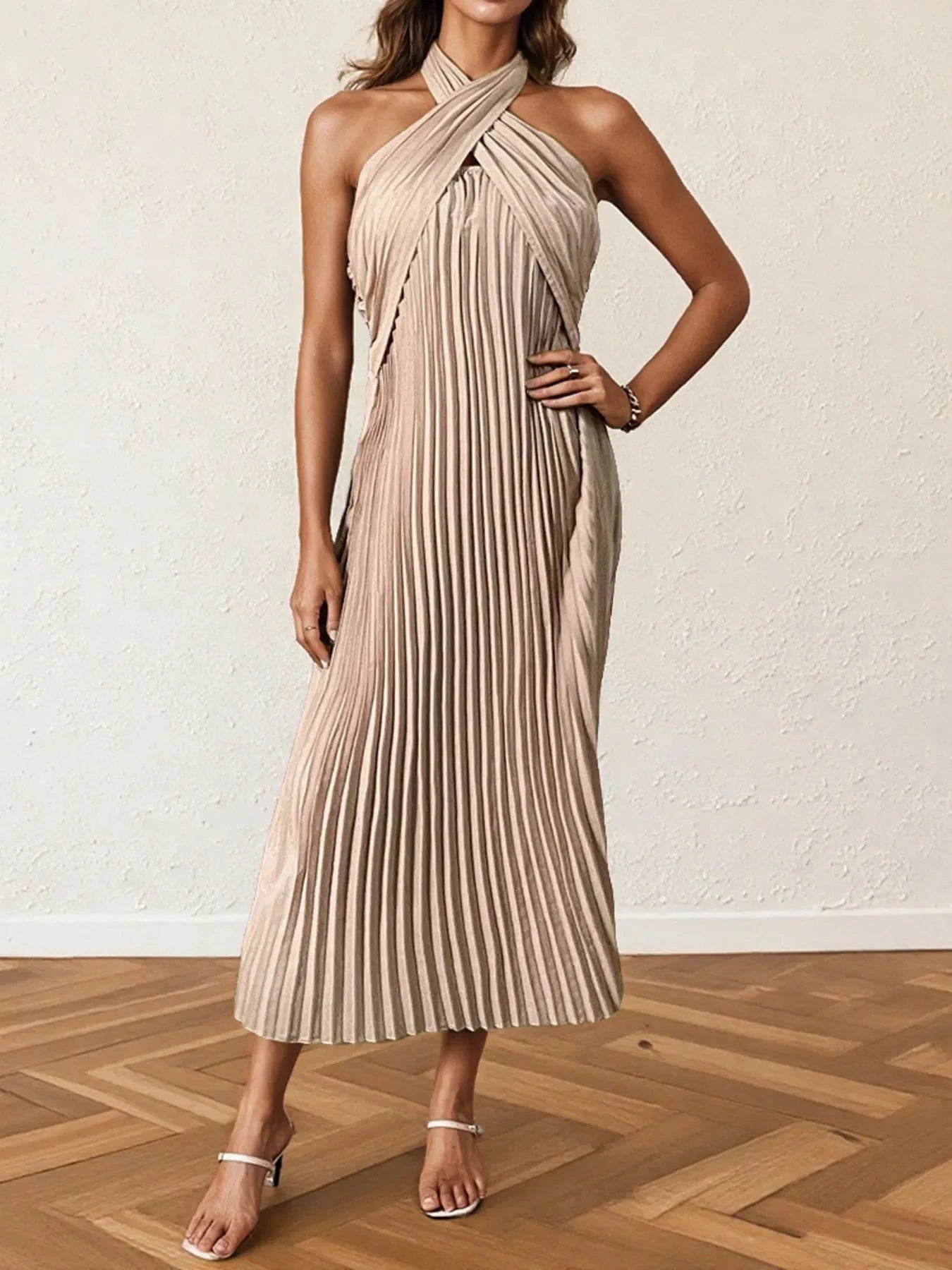 Pleated Halter Neck Midi Dress