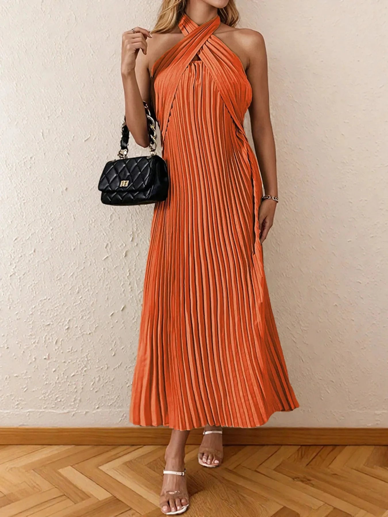Pleated Halter Neck Midi Dress