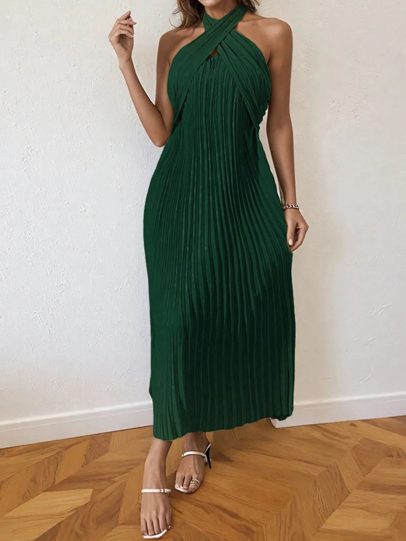 Pleated Halter Neck Midi Dress