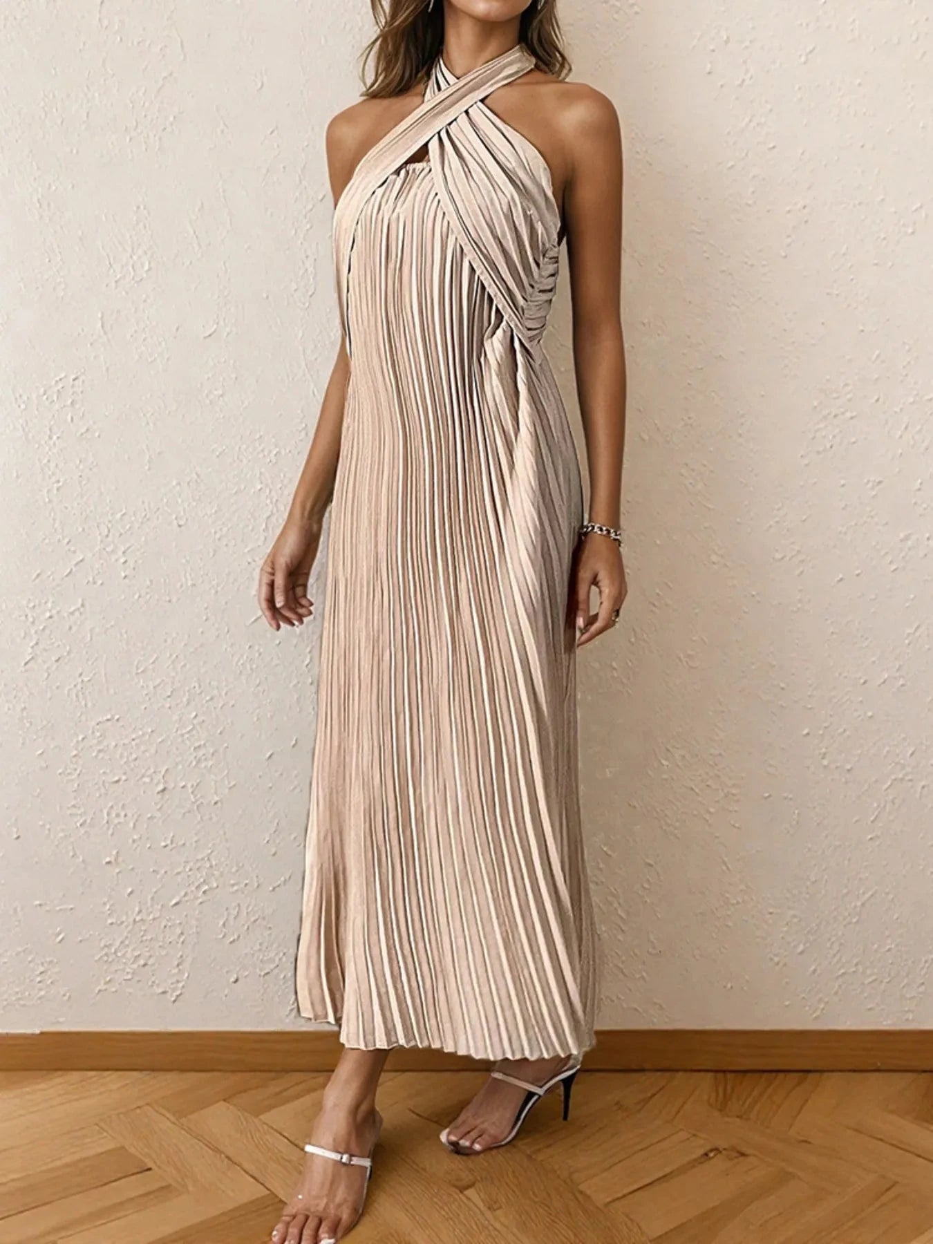 Pleated Halter Neck Midi Dress