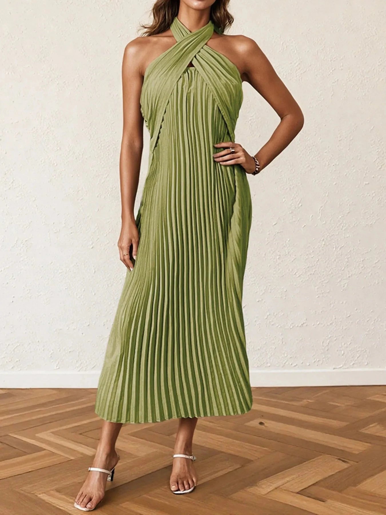 Pleated Halter Neck Midi Dress