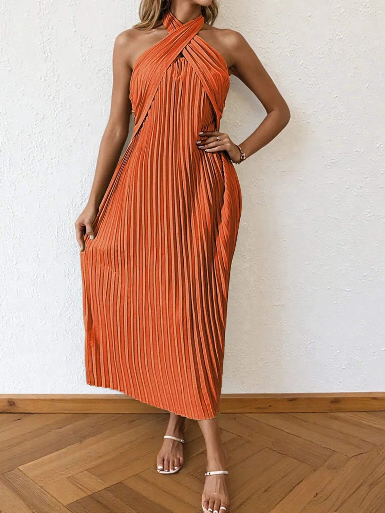 Pleated Halter Neck Midi Dress