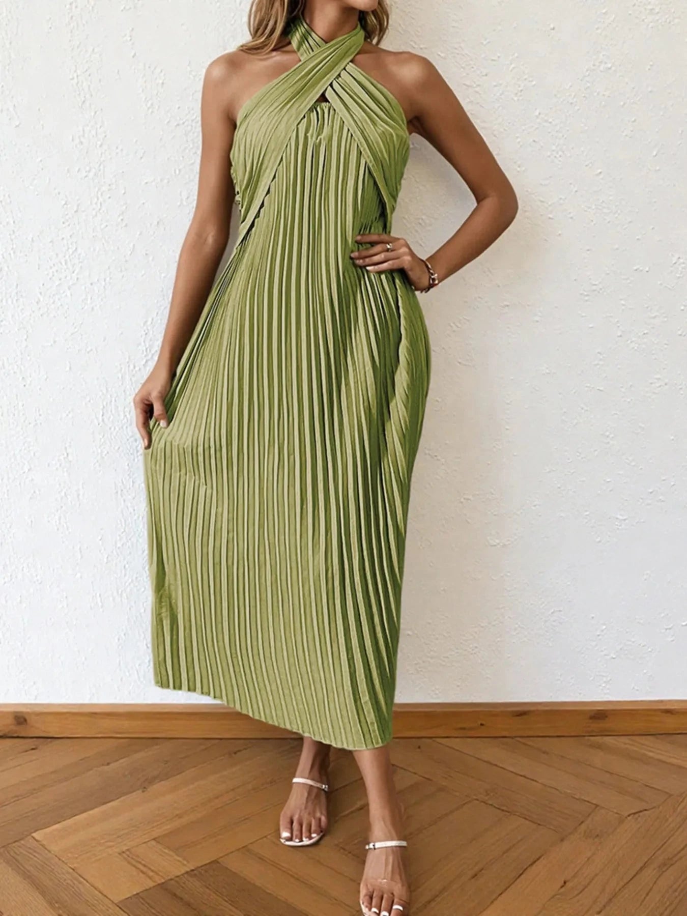 Pleated Halter Neck Midi Dress