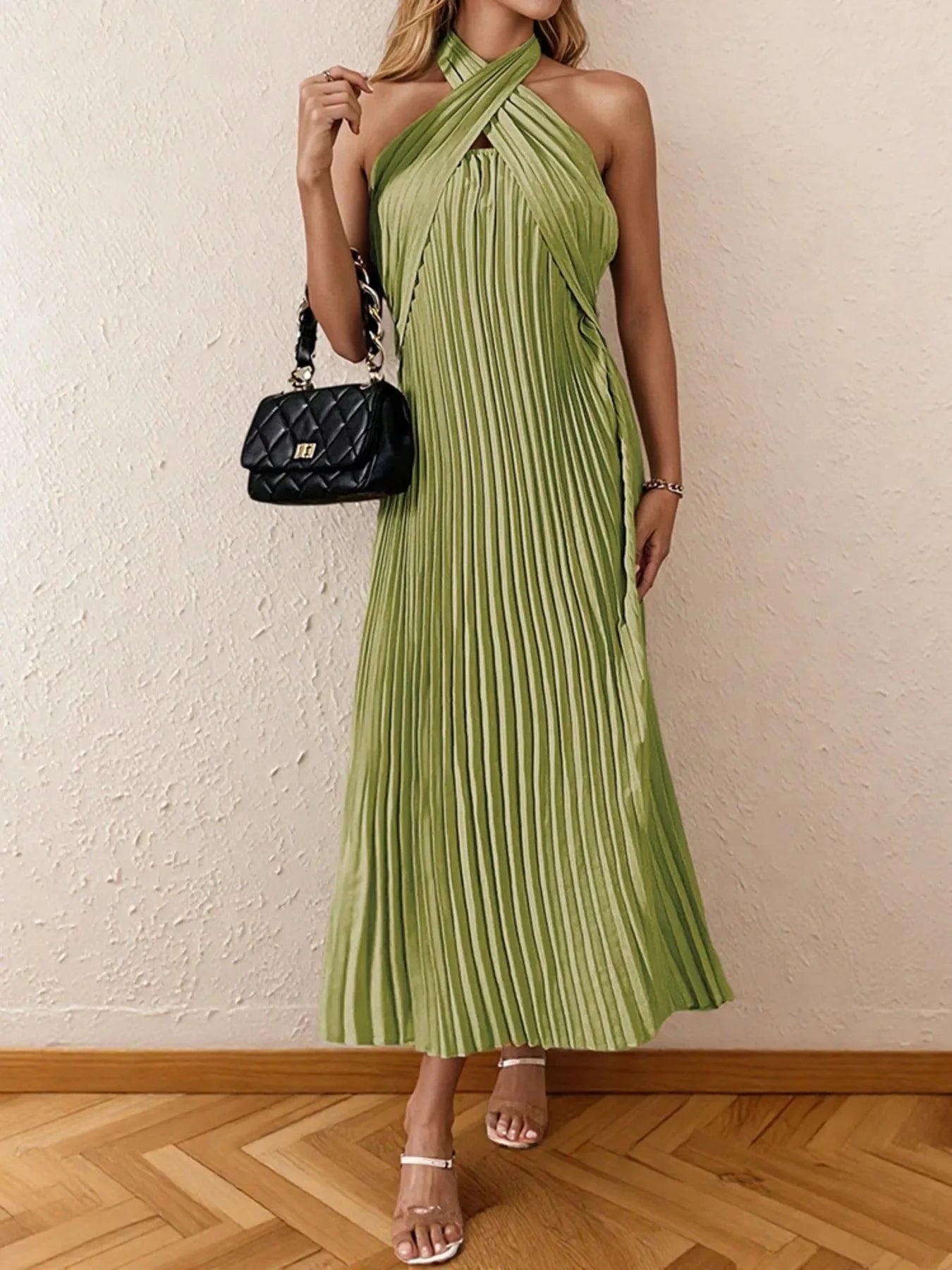 Pleated Halter Neck Midi Dress