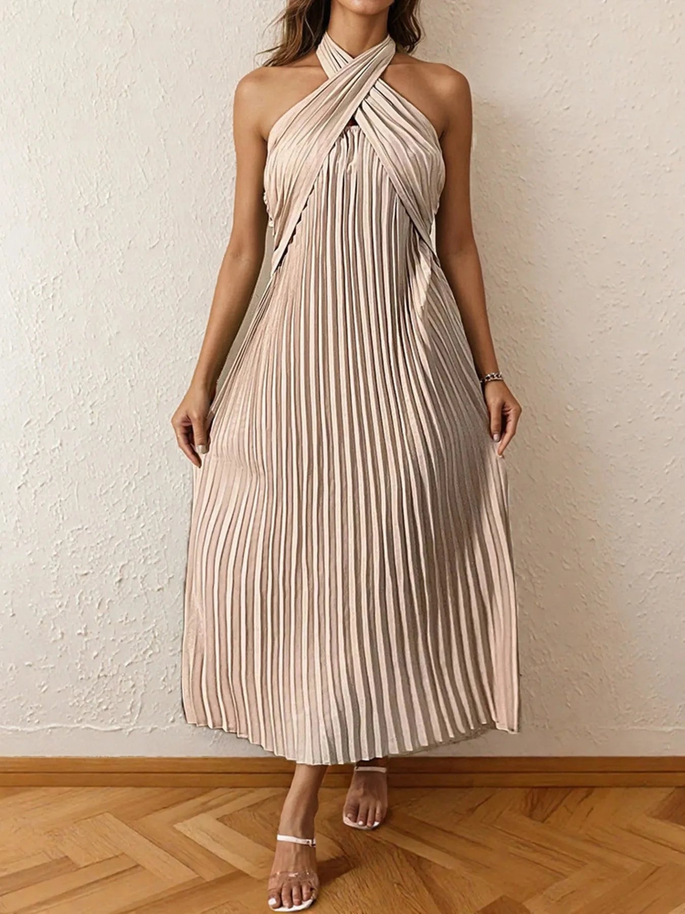 Pleated Halter Neck Midi Dress Apricot / XS
