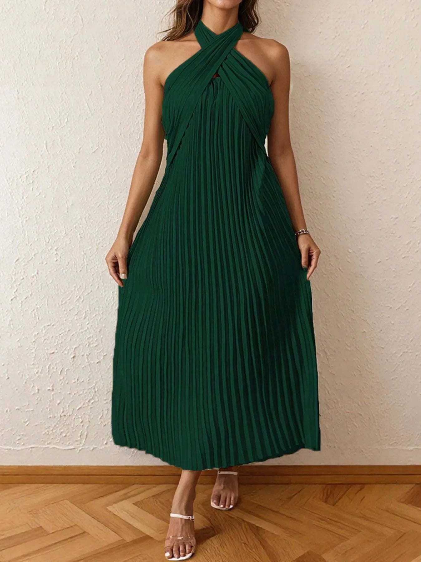 Pleated Halter Neck Midi Dress Dark Green / XS