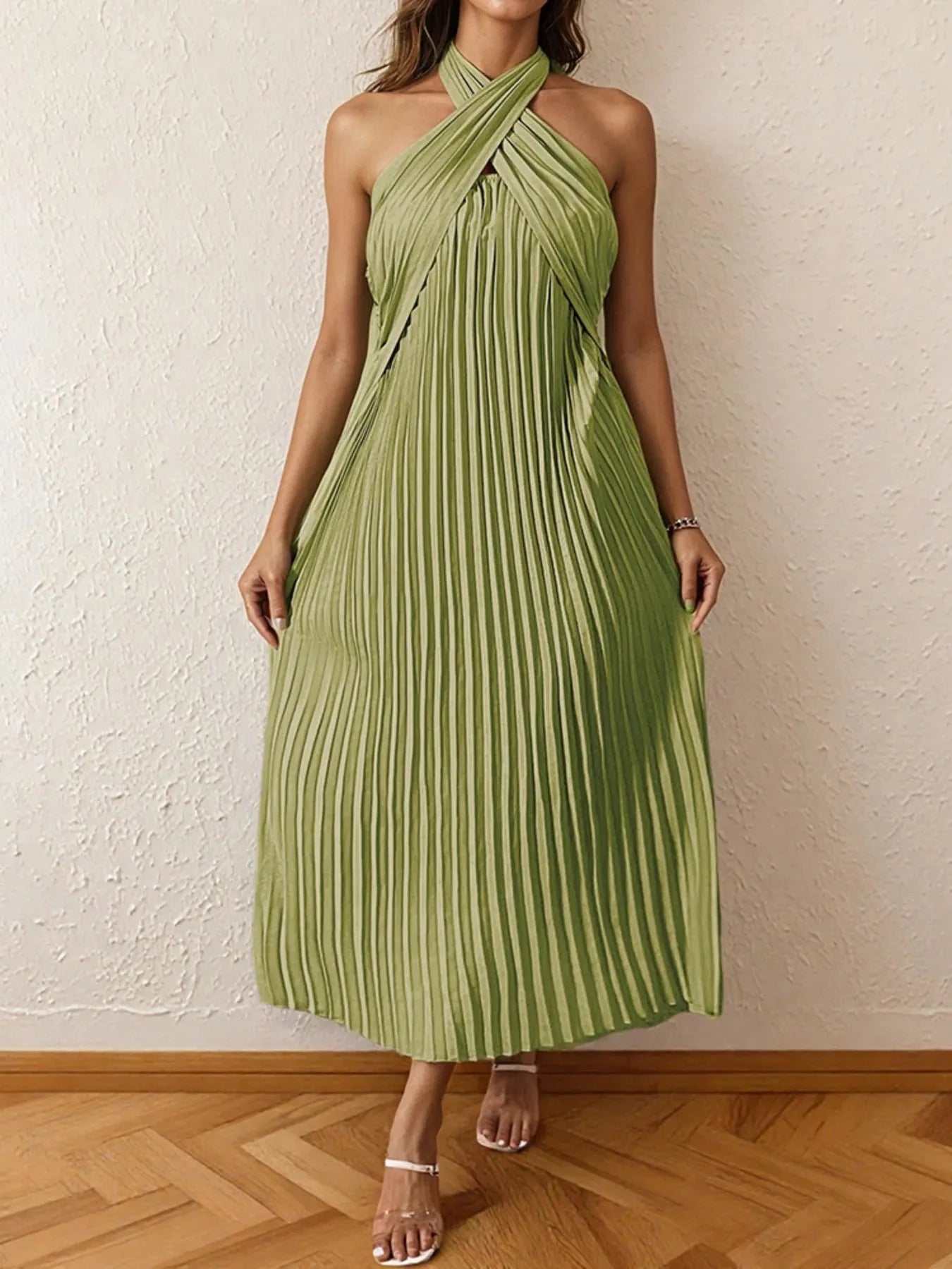Pleated Halter Neck Midi Dress Matcha Green / XS