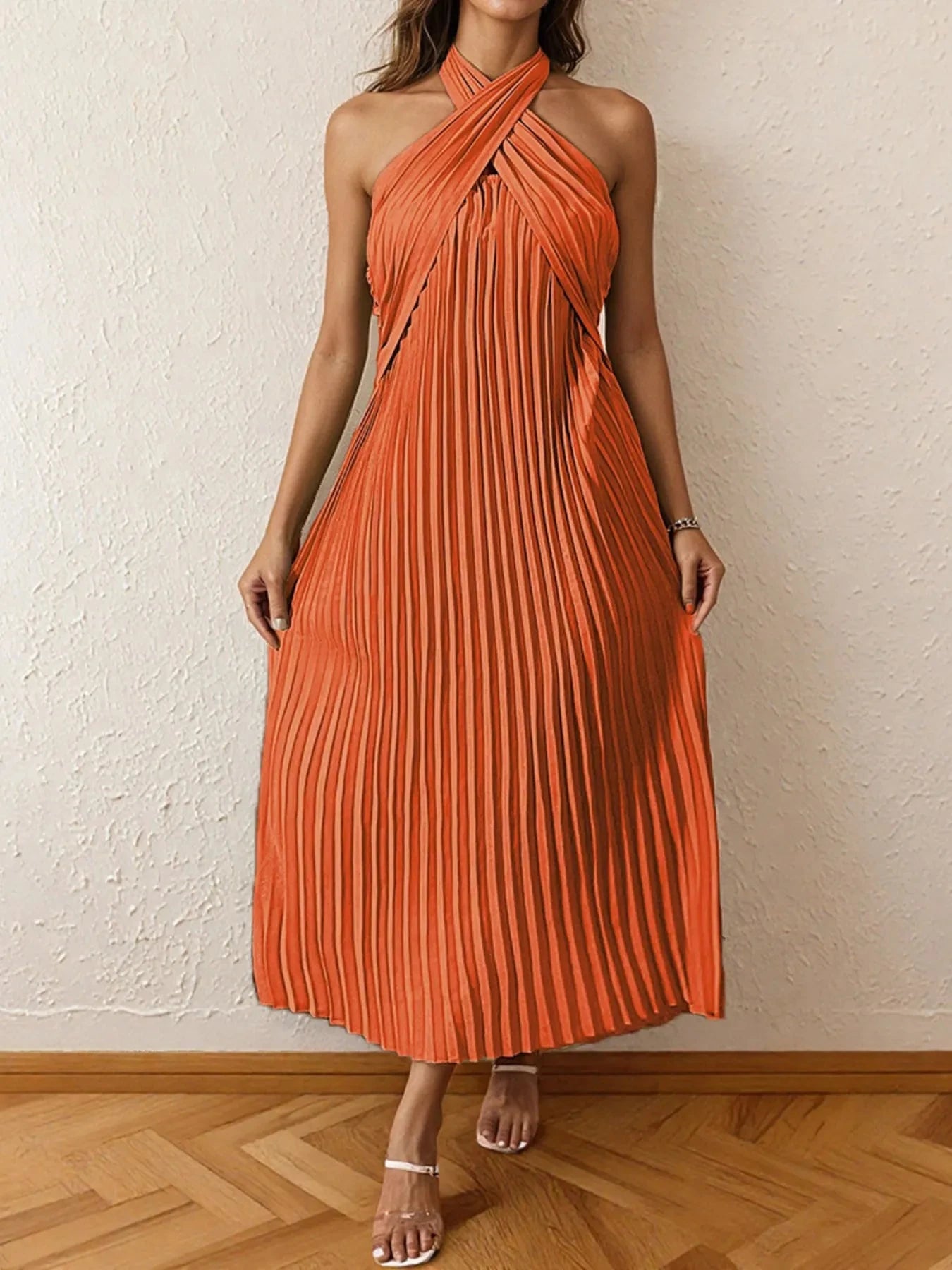 Pleated Halter Neck Midi Dress Orange / XS