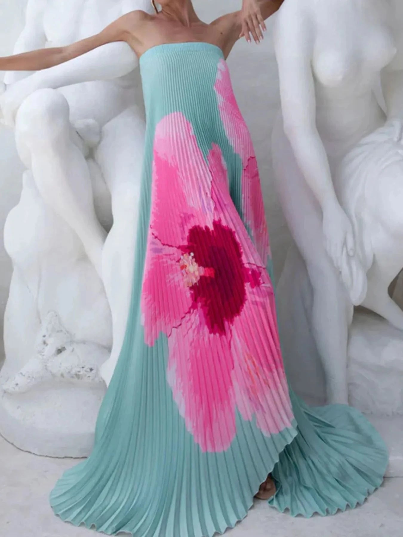 Pleated Printed Tube Floor Length Dress