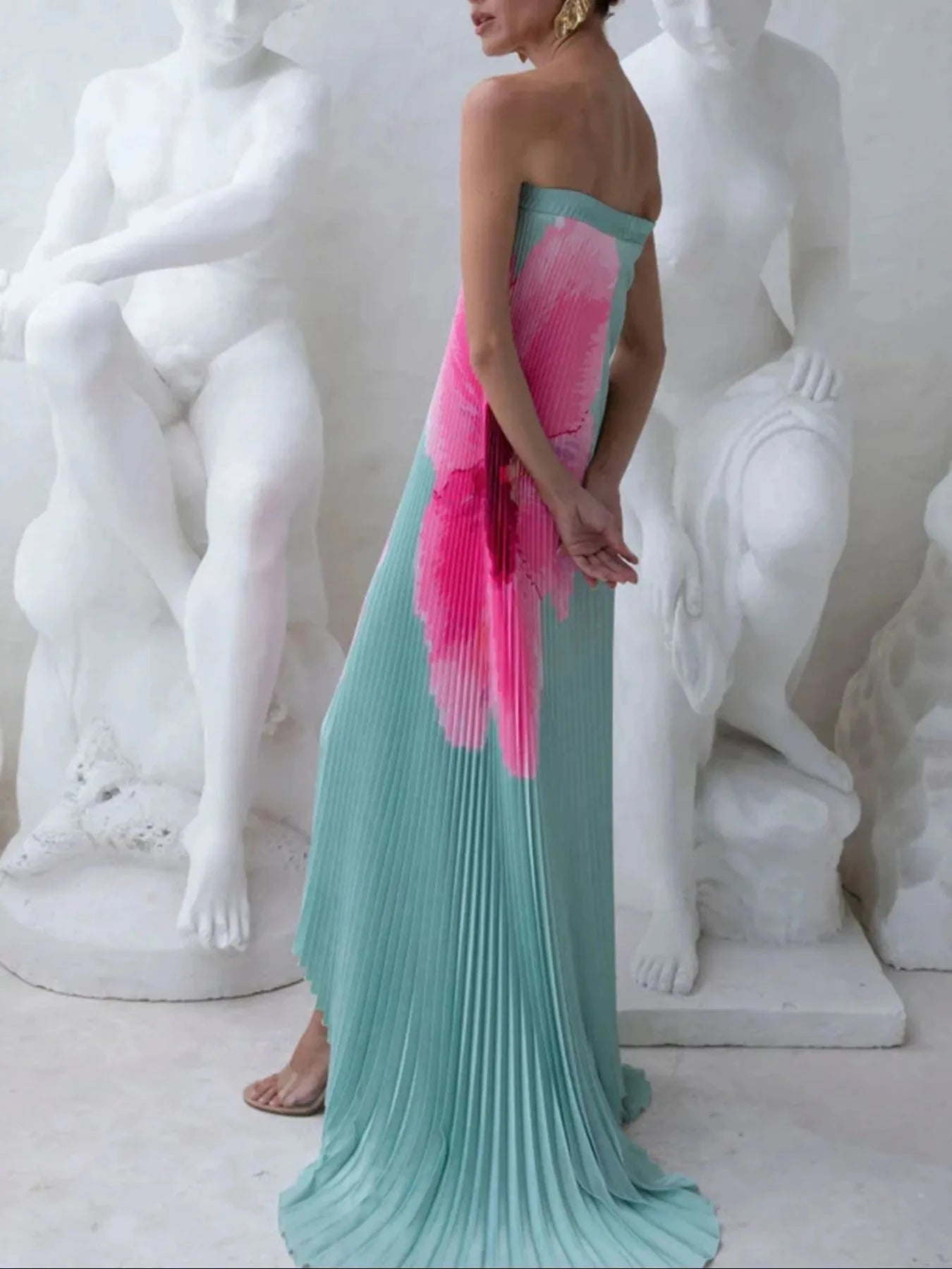 Pleated Printed Tube Floor Length Dress