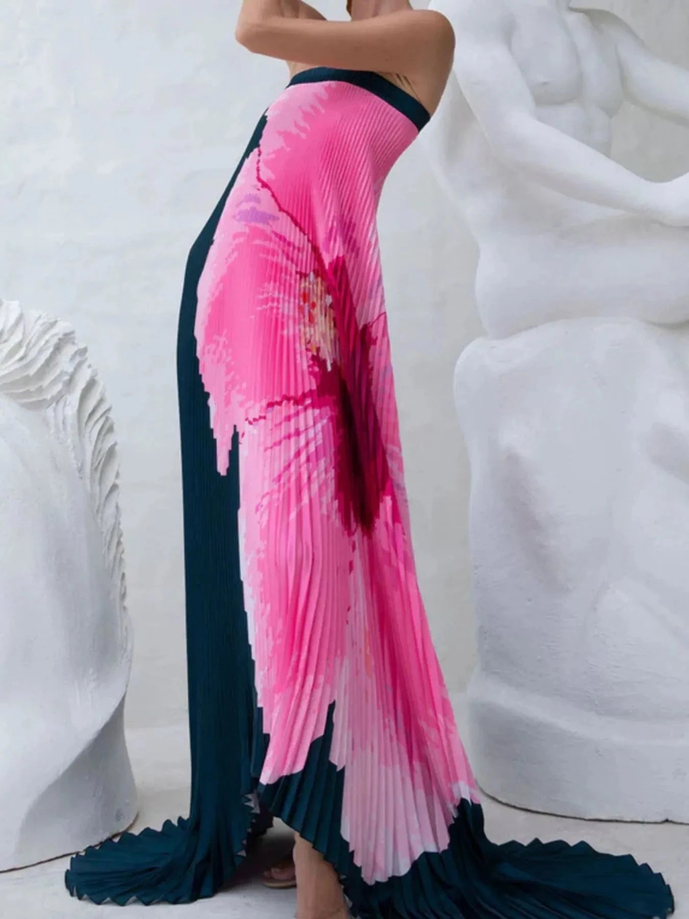 Pleated Printed Tube Floor Length Dress