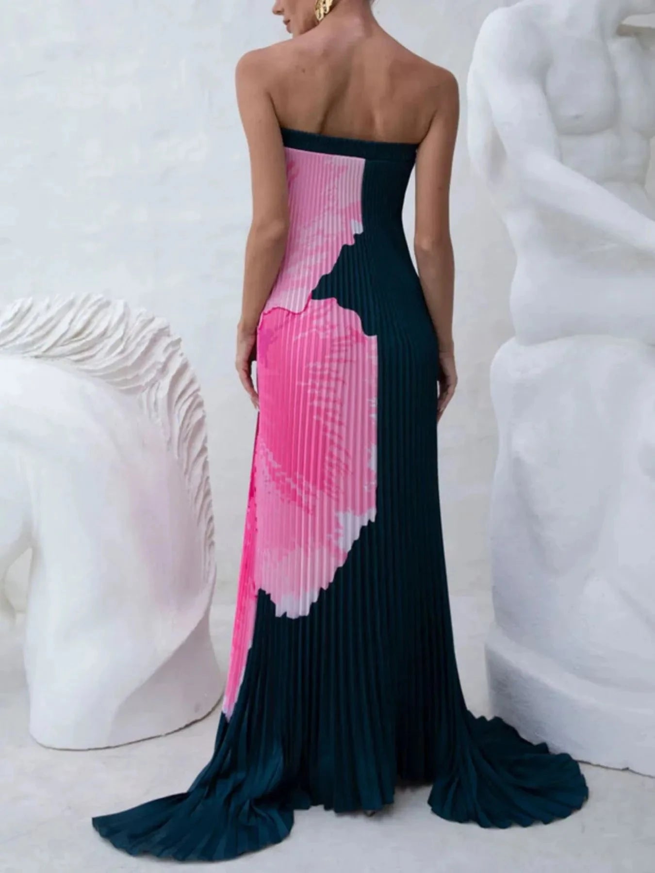 Pleated Printed Tube Floor Length Dress