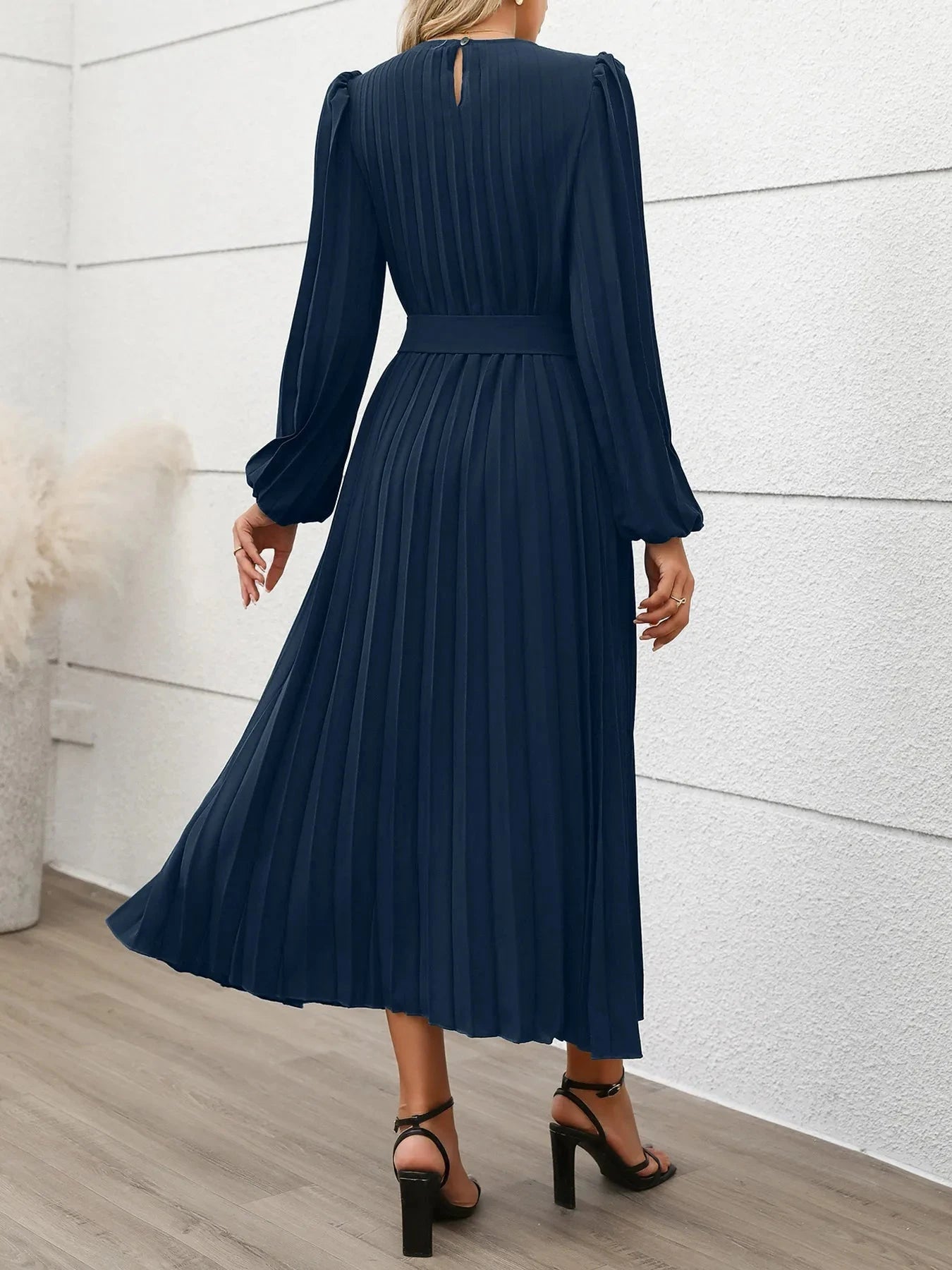 Pleated Round Neck Long Sleeve Dress