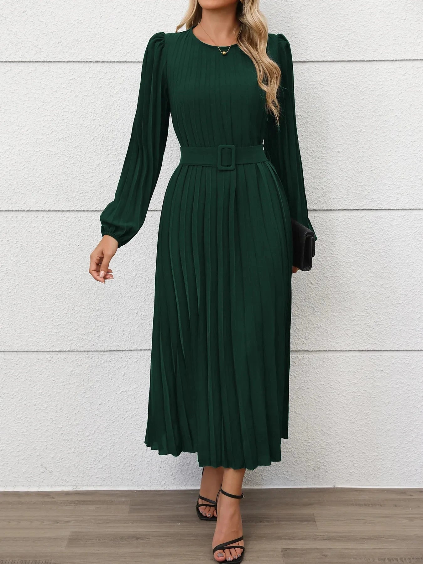 Pleated Round Neck Long Sleeve Dress