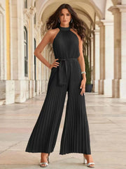 Pleated Sleeveless Wide Leg Jumpsuit Black / S