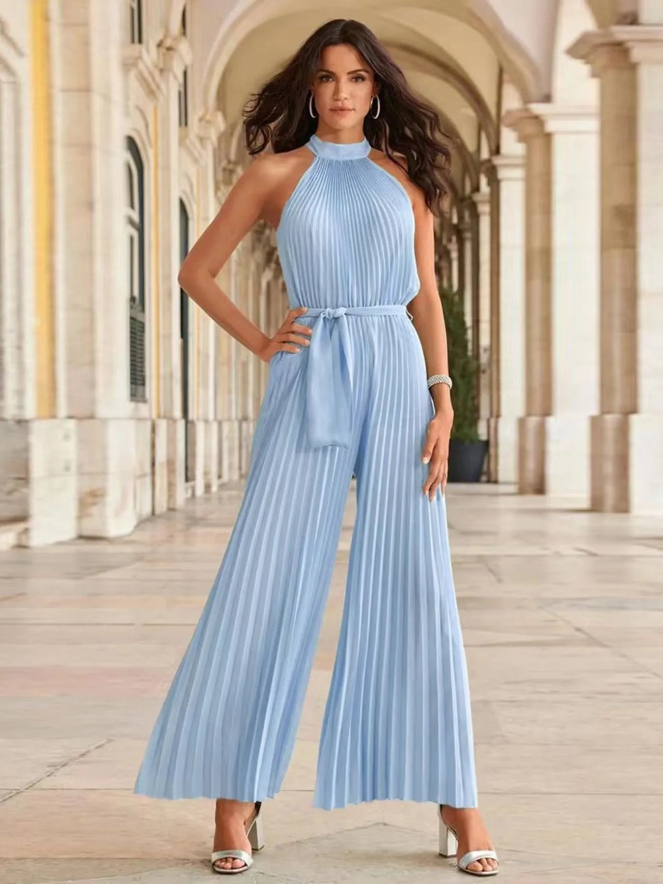 Pleated Sleeveless Wide Leg Jumpsuit Light Blue / S