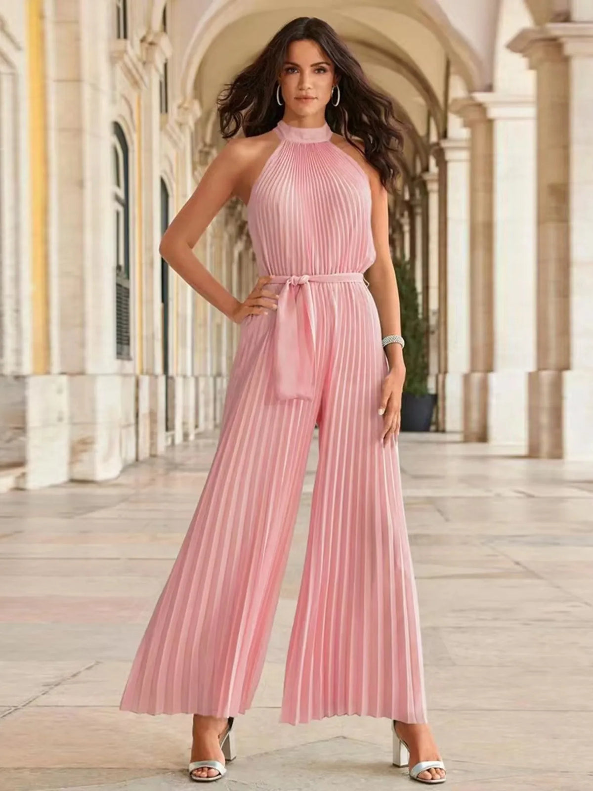 Pleated Sleeveless Wide Leg Jumpsuit Pink / S