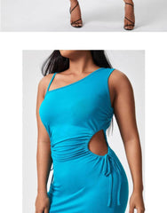Plus Size Assymetrical Neckline Cut Out Drawstring Side Slit Slimfit Dress