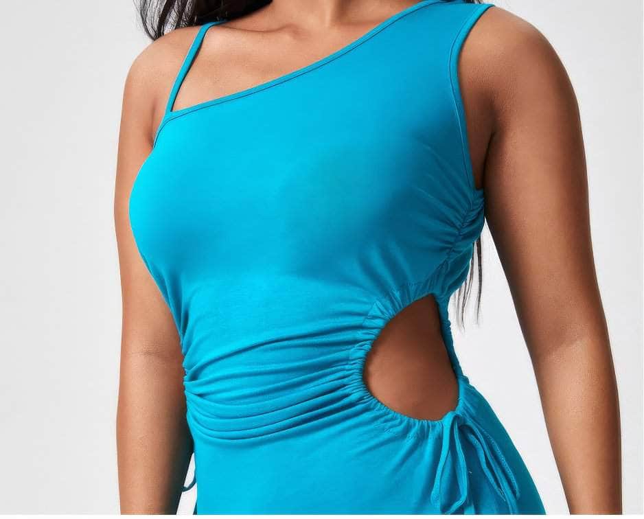 Plus Size Assymetrical Neckline Cut Out Drawstring Side Slit Slimfit Dress