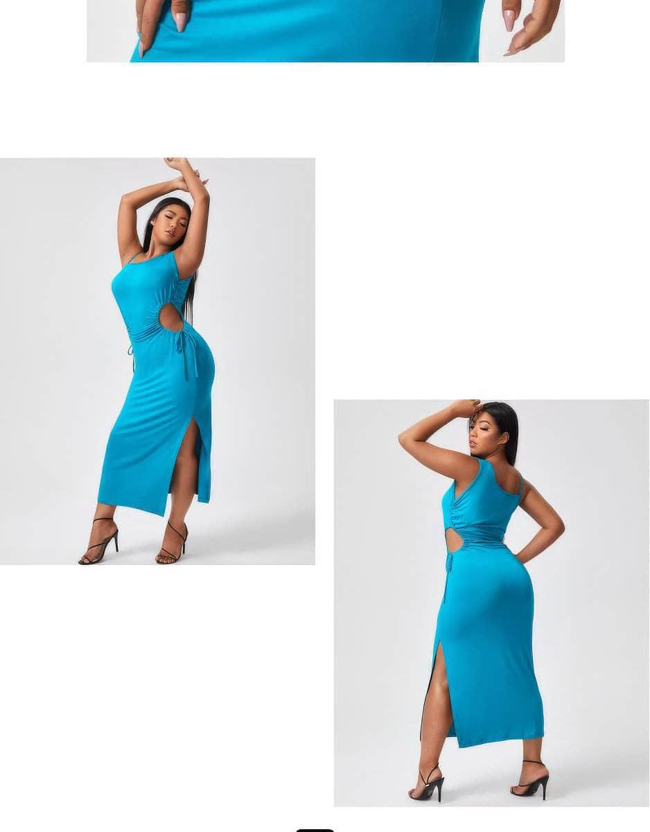 Plus Size Assymetrical Neckline Cut Out Drawstring Side Slit Slimfit Dress