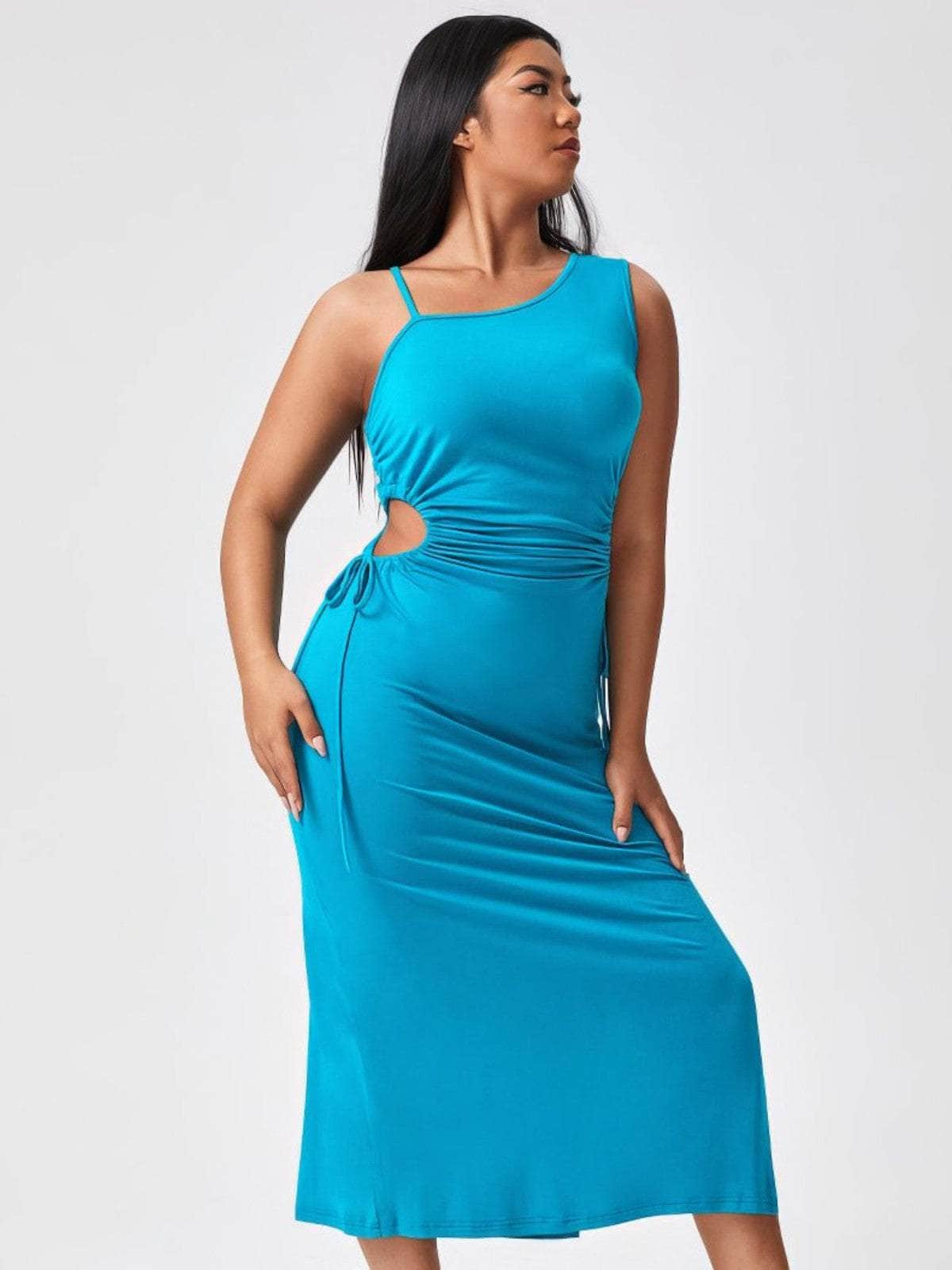 Plus Size Assymetrical Neckline Cut Out Drawstring Side Slit Slimfit Dress