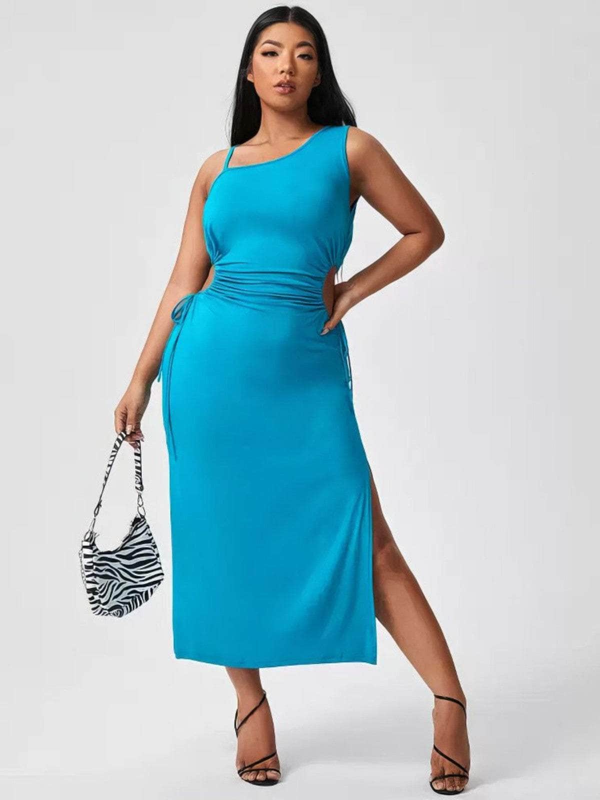Plus Size Assymetrical Neckline Cut Out Drawstring Side Slit Slimfit Dress