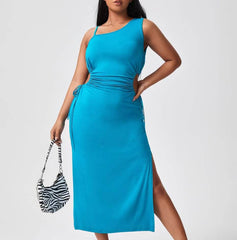Plus Size Assymetrical Neckline Cut Out Drawstring Side Slit Slimfit Dress US 4-6 / Blue