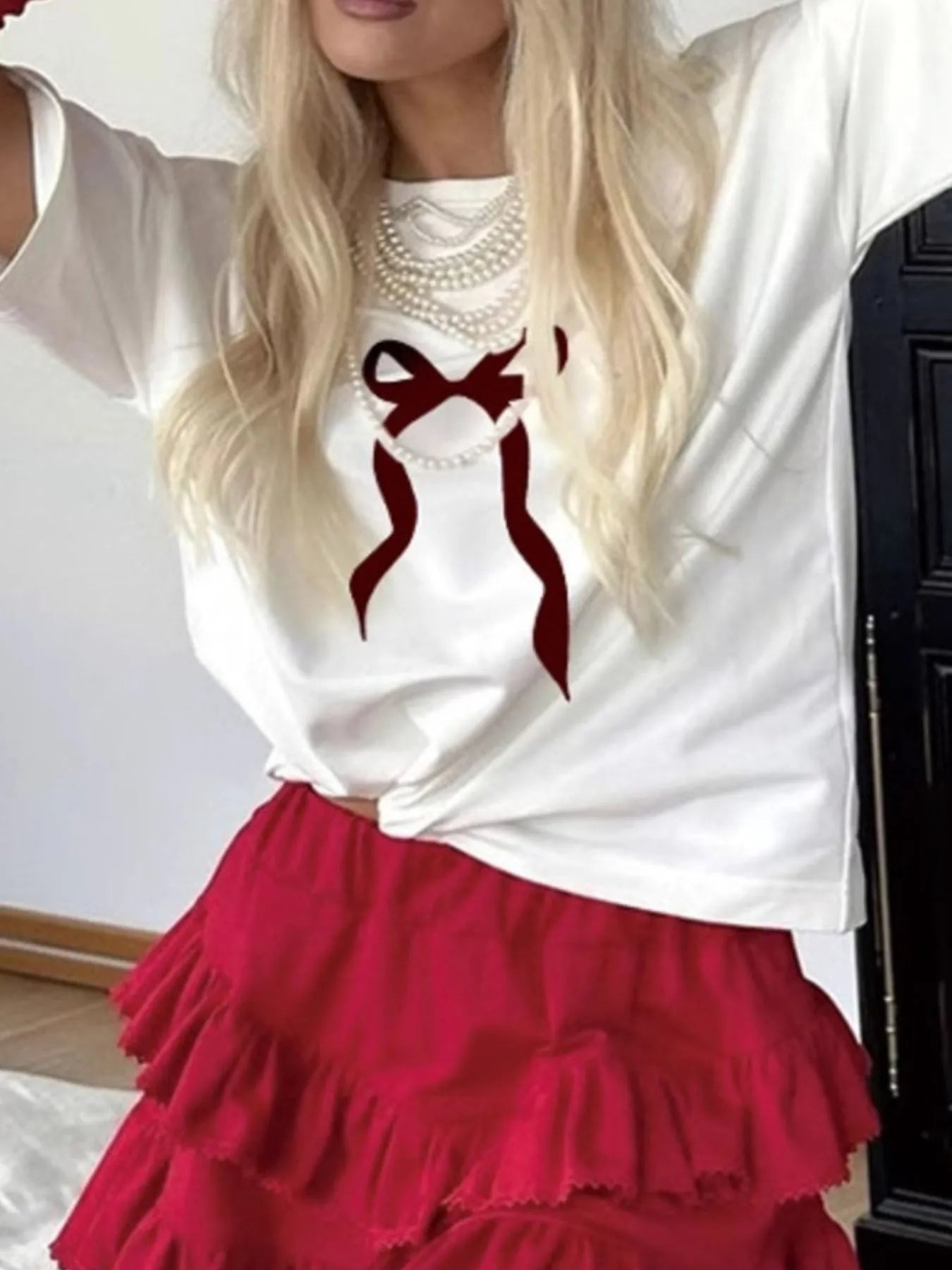 Plus Size Bow Round Neck Short Sleeve T-Shirt