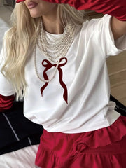 Plus Size Bow Round Neck Short Sleeve T-Shirt
