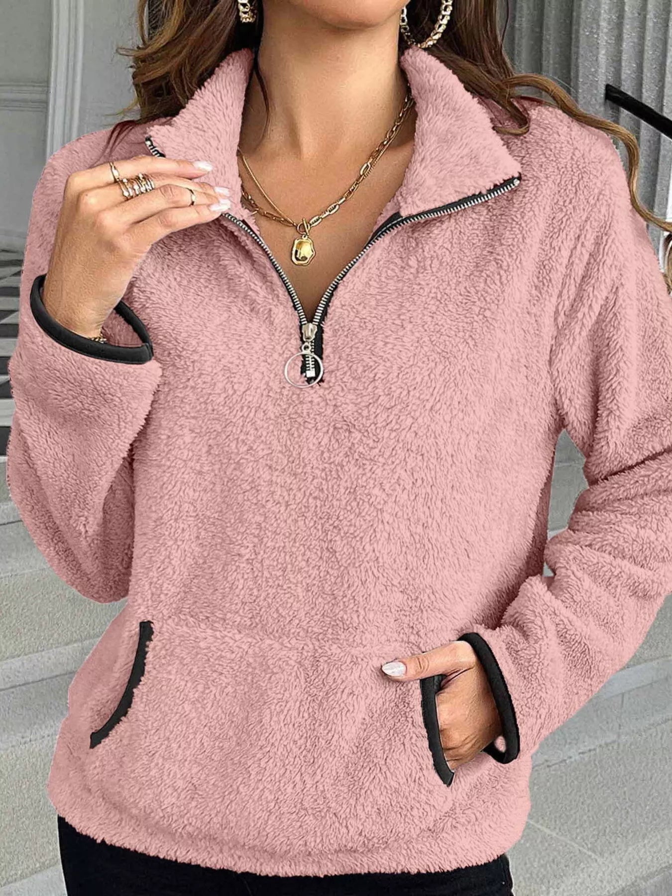 Plus Size Cozy Fleece Quarter Zip Sweatshirt with Pockets