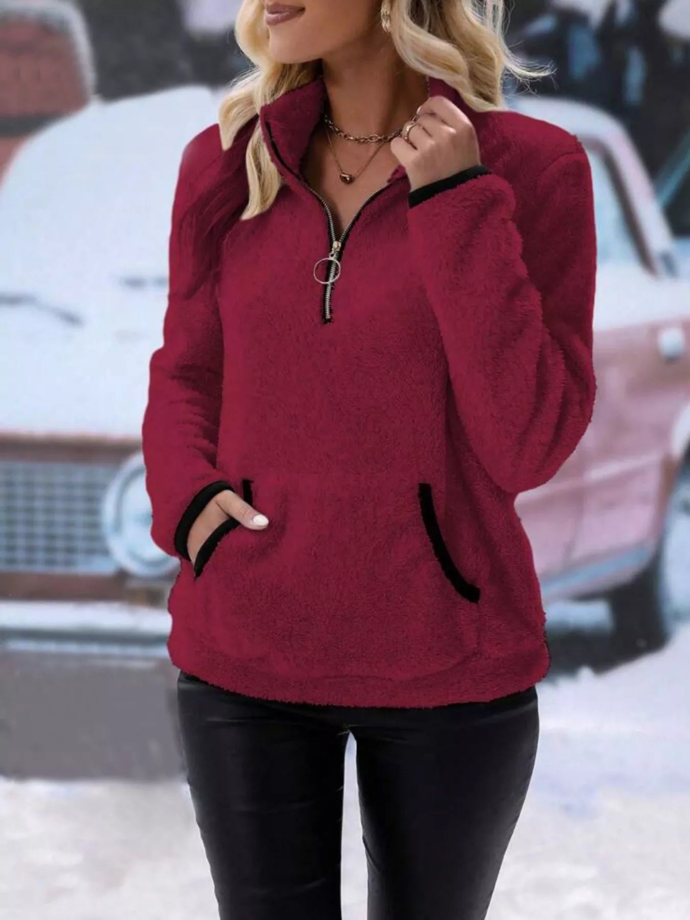 Plus Size Cozy Fleece Quarter Zip Sweatshirt with Pockets