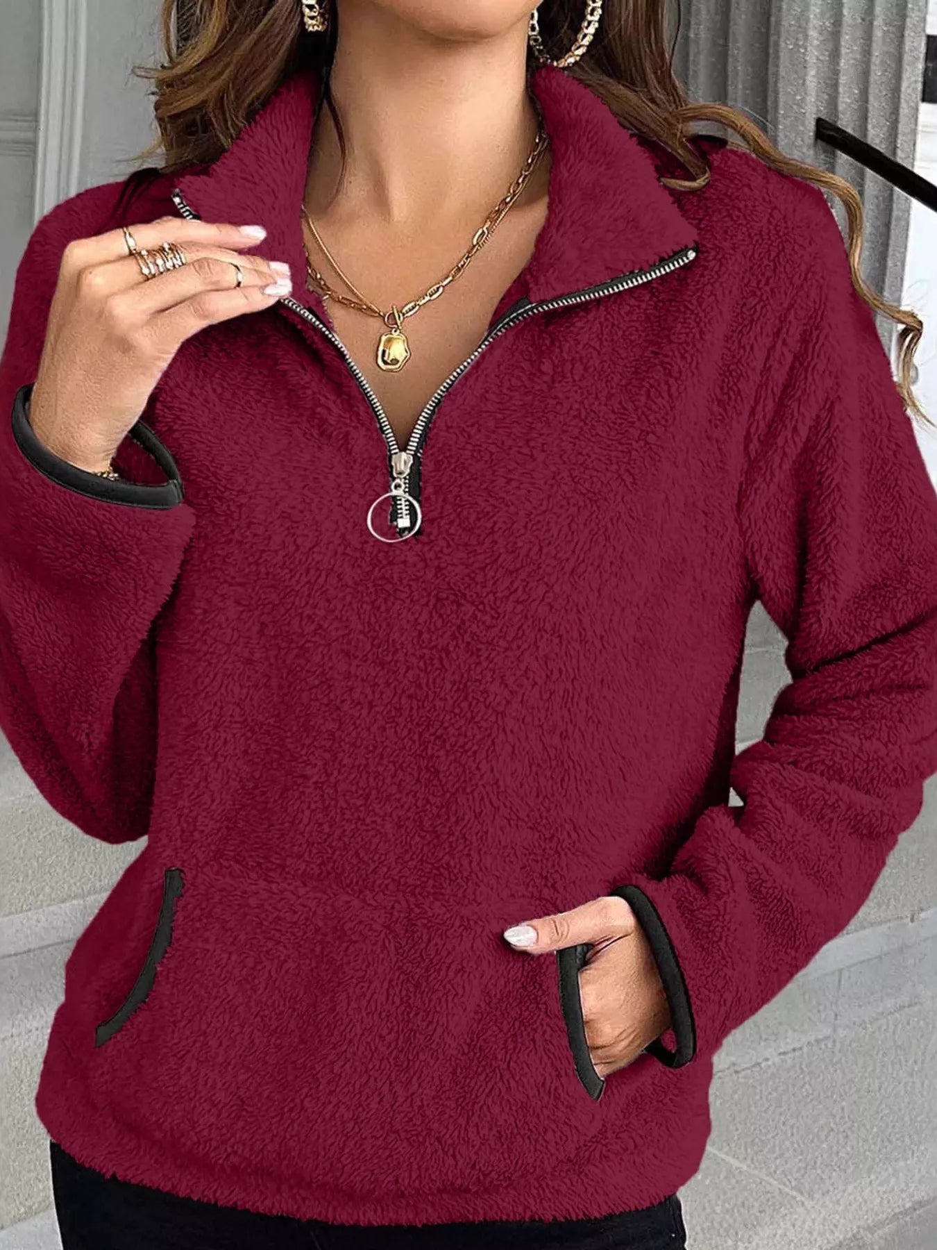 Plus Size Cozy Fleece Quarter Zip Sweatshirt with Pockets Burgundy / 1XL