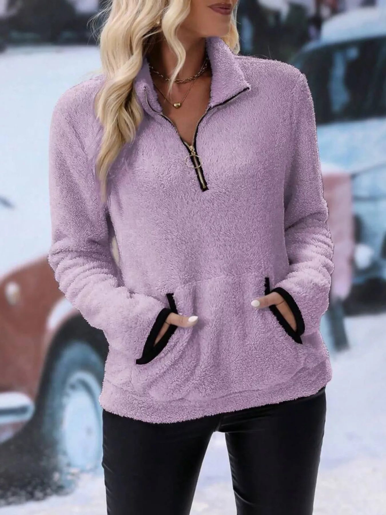 Plus Size Cozy Fleece Quarter Zip Sweatshirt with Pockets Lavender / 1XL