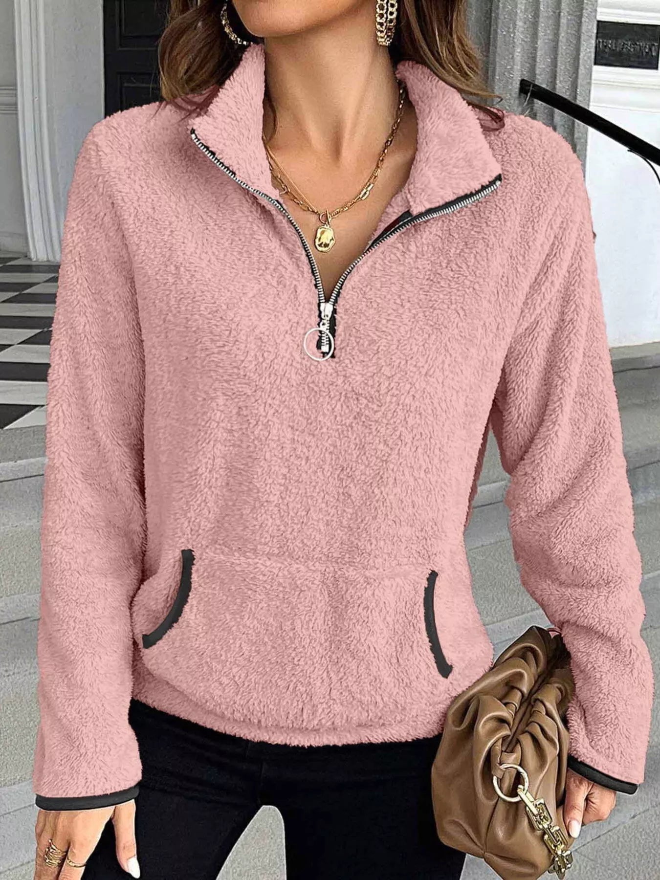 Plus Size Cozy Fleece Quarter Zip Sweatshirt with Pockets Pink / 1XL