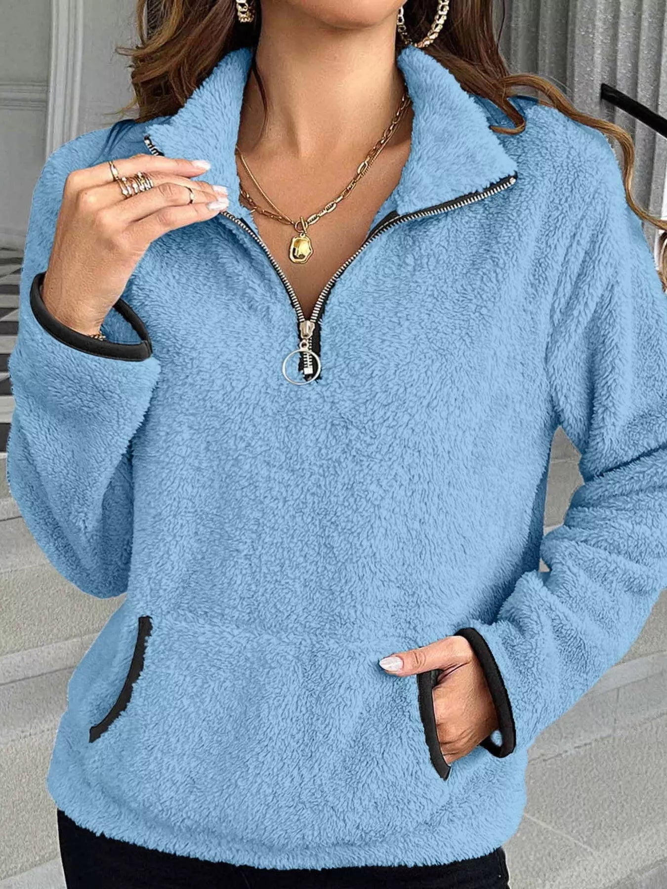 Plus Size Cozy Fleece Quarter Zip Sweatshirt with Pockets Sky Blue / 1XL