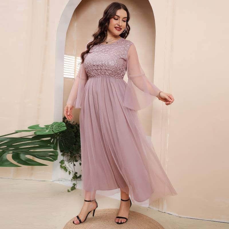 Plus Size Floral Lace Embroidered Double Mesh Dress