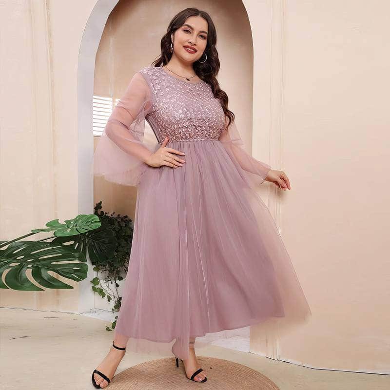 Plus Size Floral Lace Embroidered Double Mesh Dress