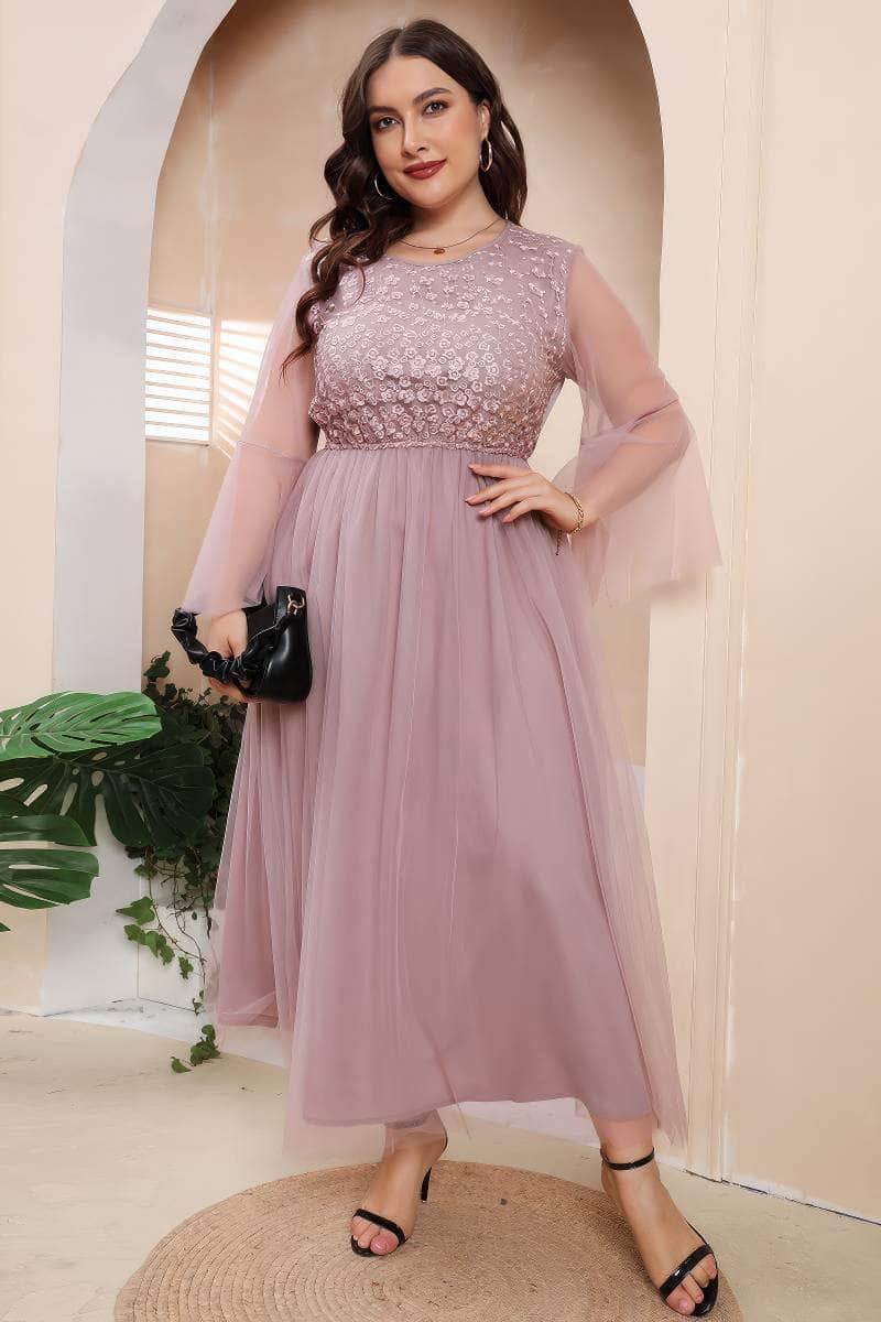 Plus Size Floral Lace Embroidered Double Mesh Dress