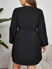 Plus Size Geometric Print V-neck Sash Waist Dress