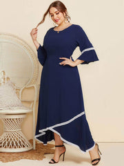 Plus Size Geometric Trim Notched Bell Sleeves Dress
