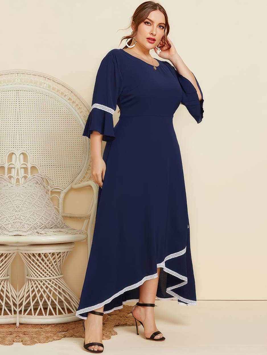 Plus Size Geometric Trim Notched Bell Sleeves Dress